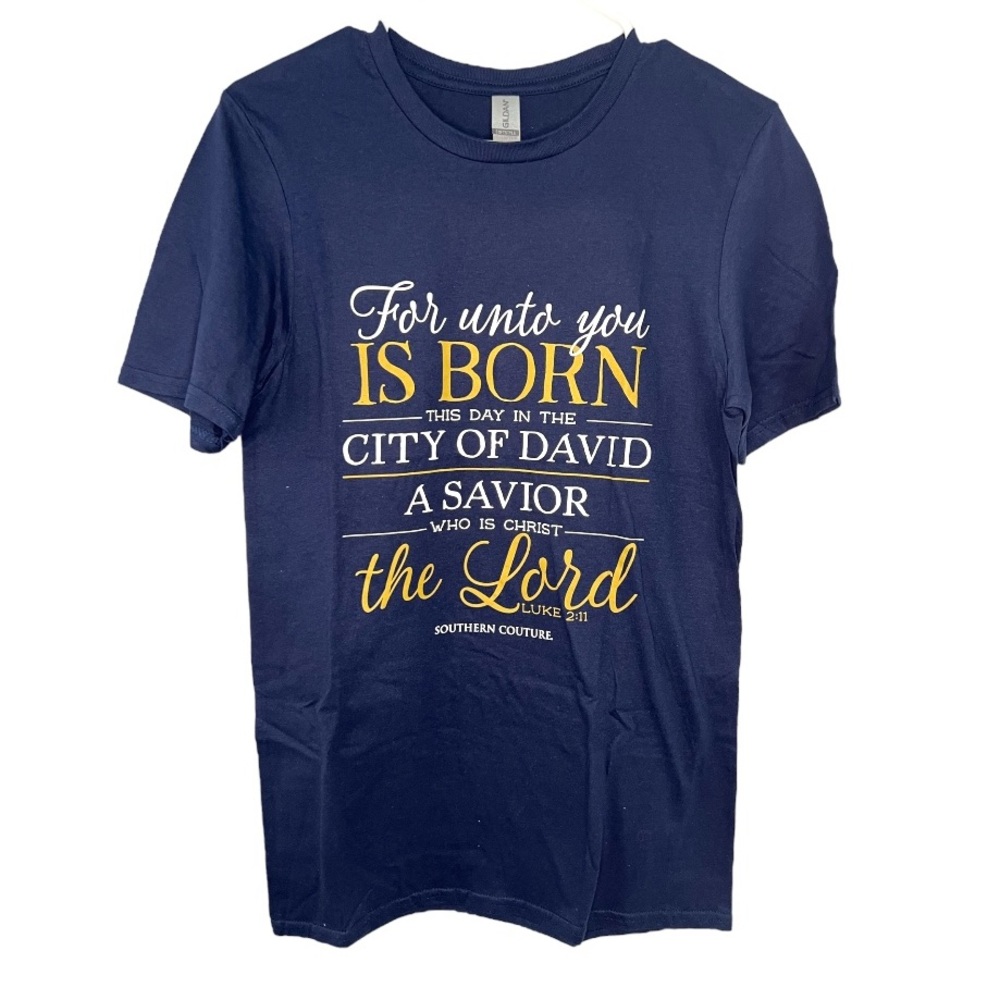 For Unto You Is Born Faith Christmas Navy Short Sleeve Tshirt